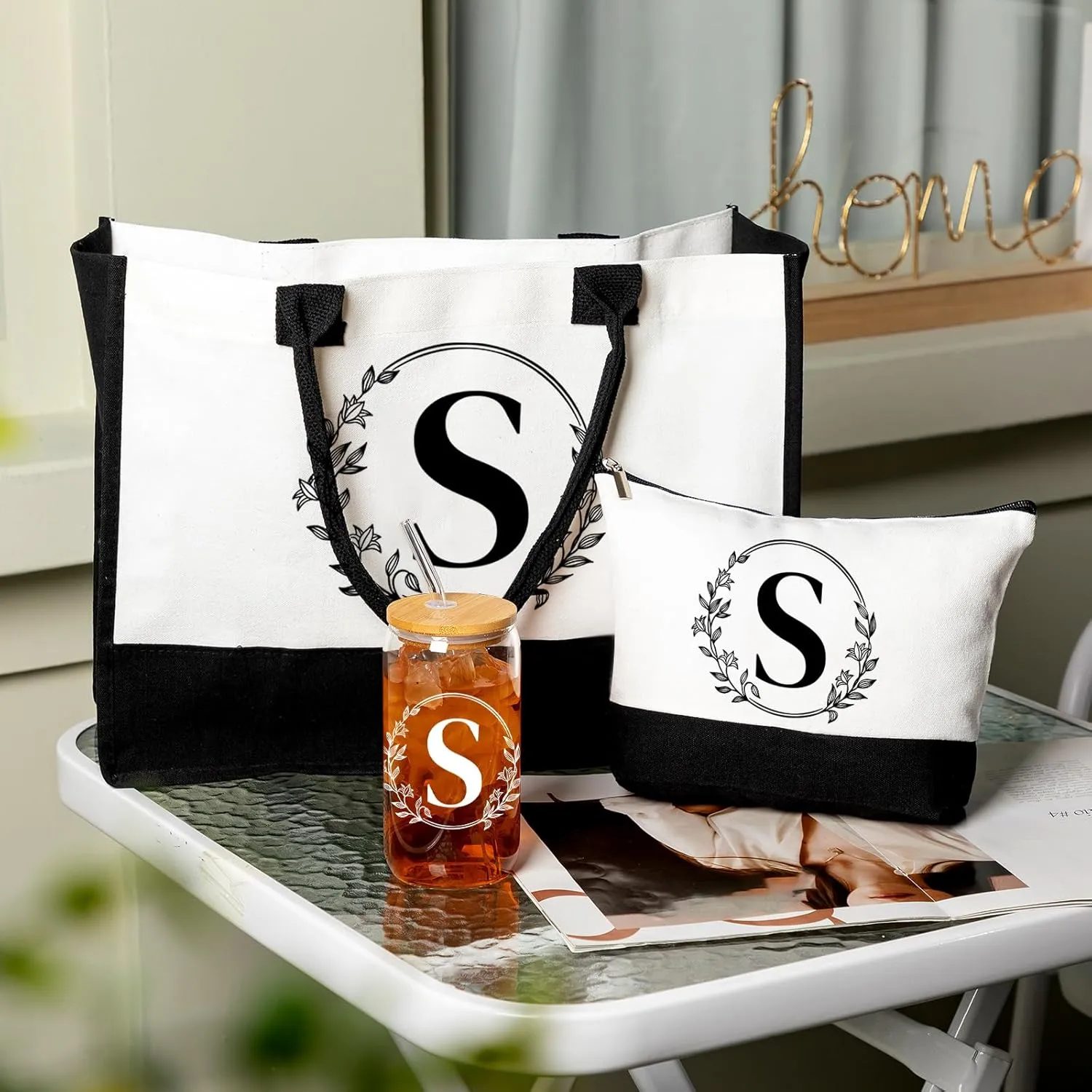 Aliceset Initial Monogram Canvas Tote Bag Personalized Makeup Bag with Zipper 16 oz Glass Cups with Lids Straws Monogrammed(Letter S)