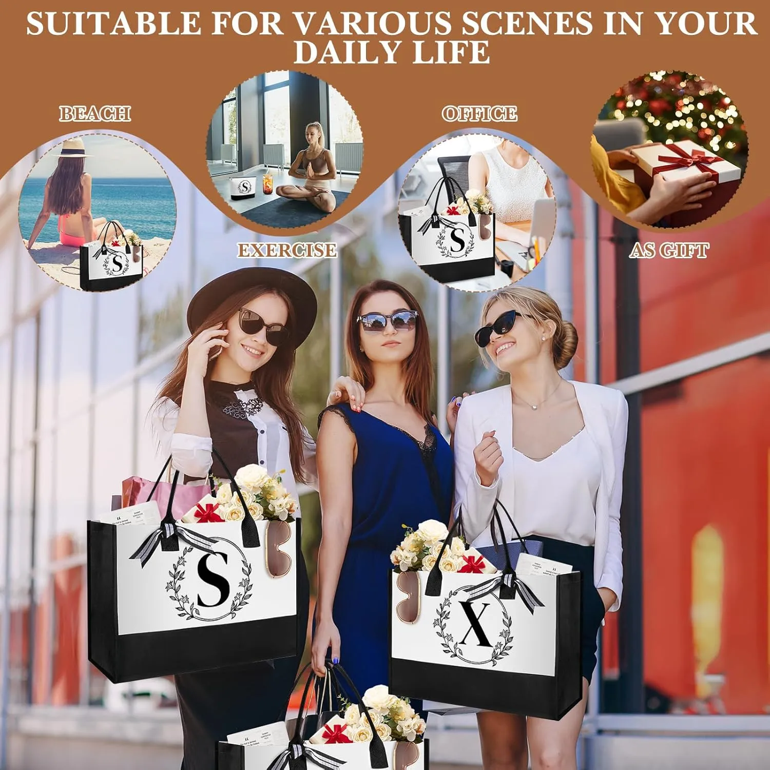 Aliceset Initial Monogram Canvas Tote Bag Personalized Makeup Bag with Zipper 16 oz Glass Cups with Lids Straws Monogrammed(Letter S)
