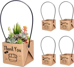 ALLWSLucky 50PCS Thank You Succulent Wrap, Fits 2 Inch Pots Succulent Wrap Bag with Plastic Handle Kraft Paper Sleeve Succulent Tags for Shower Party Favors Ideas (50PCS-Thank You)