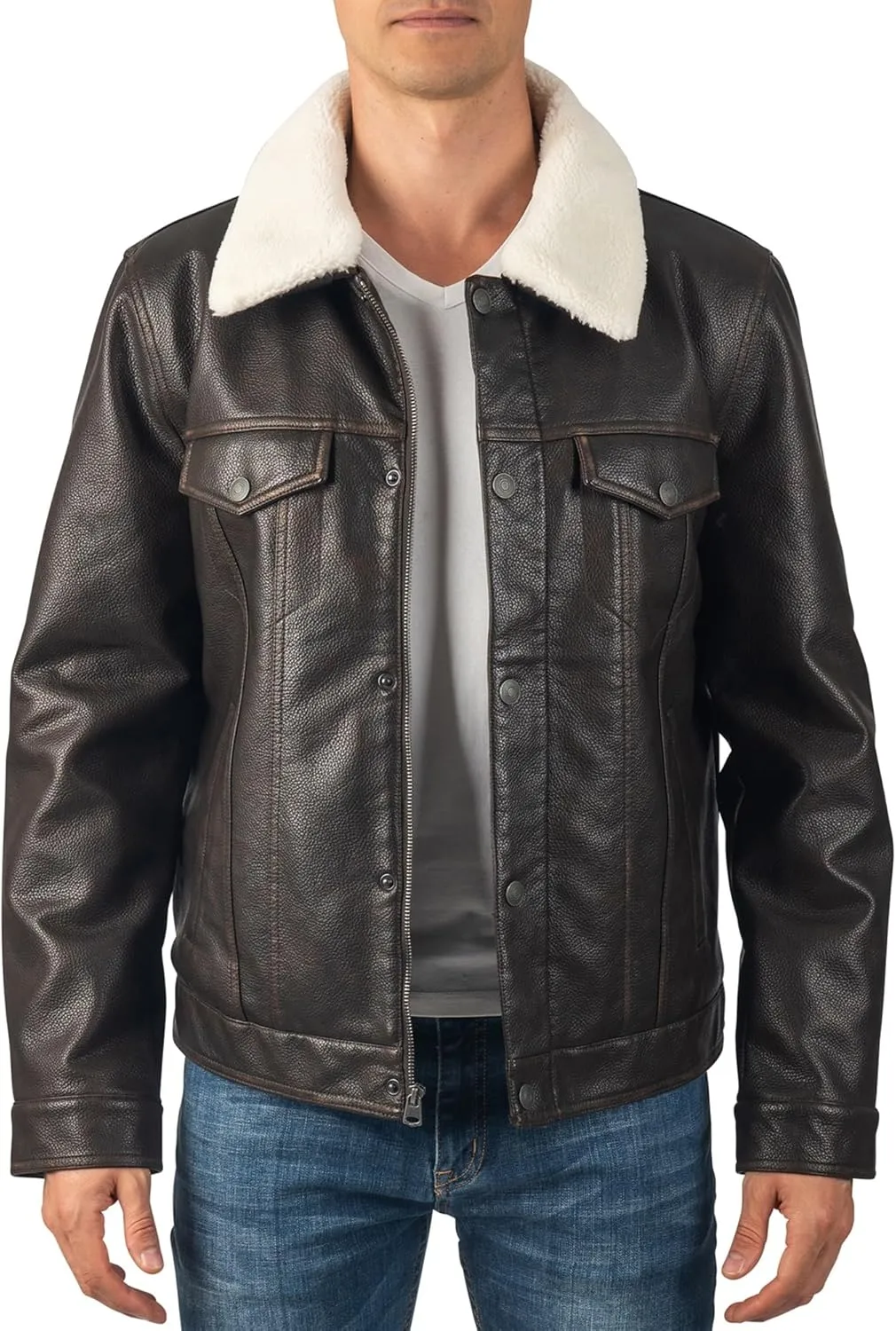 Alpine Swiss Aaron Mens Trucker Jacket Sherpa Collar Vegan Leather Warm Casual Coat