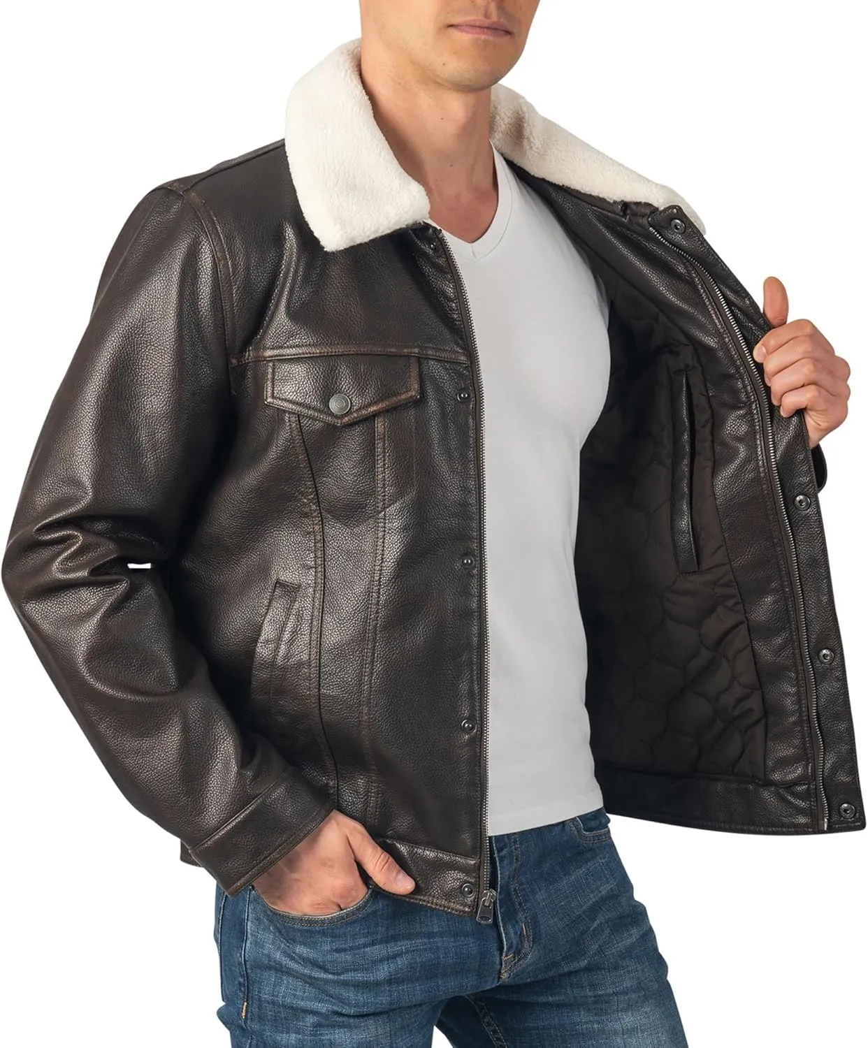 Alpine Swiss Aaron Mens Trucker Jacket Sherpa Collar Vegan Leather Warm Casual Coat