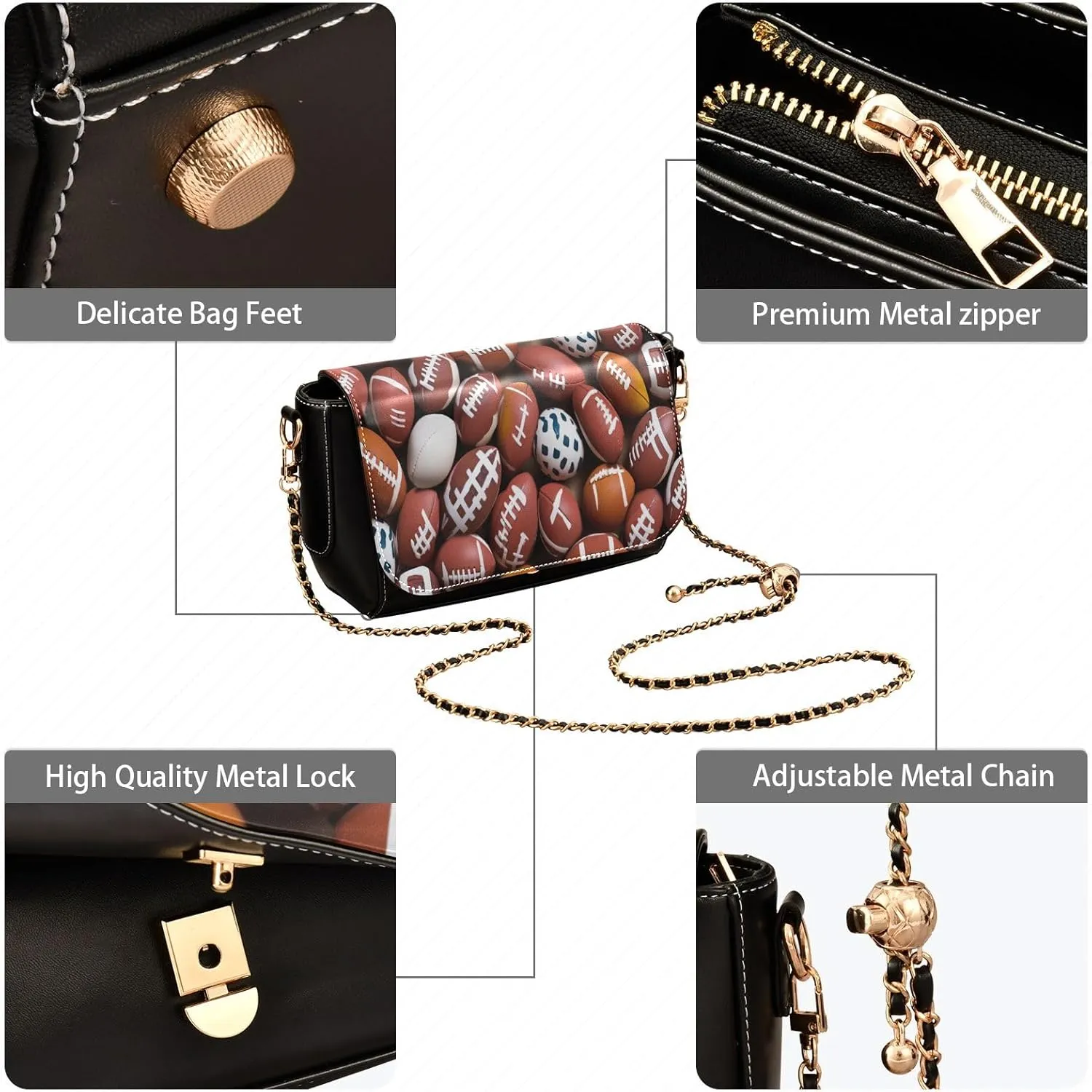 American Football Balls Womens Leather Crossbody, Leather Purses for Women Crossbody Bag, Shoulder Bag with Zipper