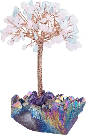 Amogeeli Aquamarine & Rose Quartz Crystal Tree with Titanium Crystal Cluster Base, Copper Money Tree Bonsai Decor for Home & Office