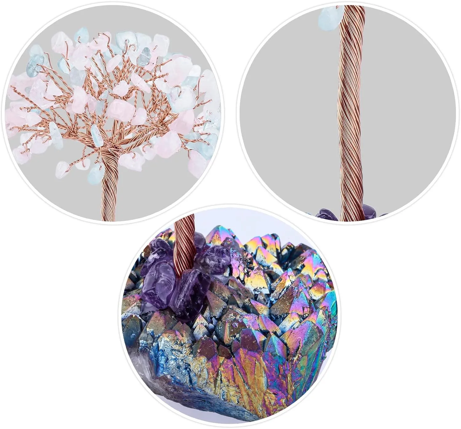 Amogeeli Aquamarine & Rose Quartz Crystal Tree with Titanium Crystal Cluster Base, Copper Money Tree Bonsai Decor for Home & Office