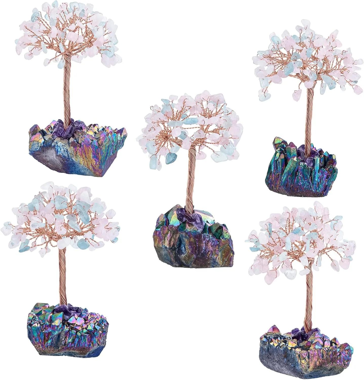 Amogeeli Aquamarine & Rose Quartz Crystal Tree with Titanium Crystal Cluster Base, Copper Money Tree Bonsai Decor for Home & Office