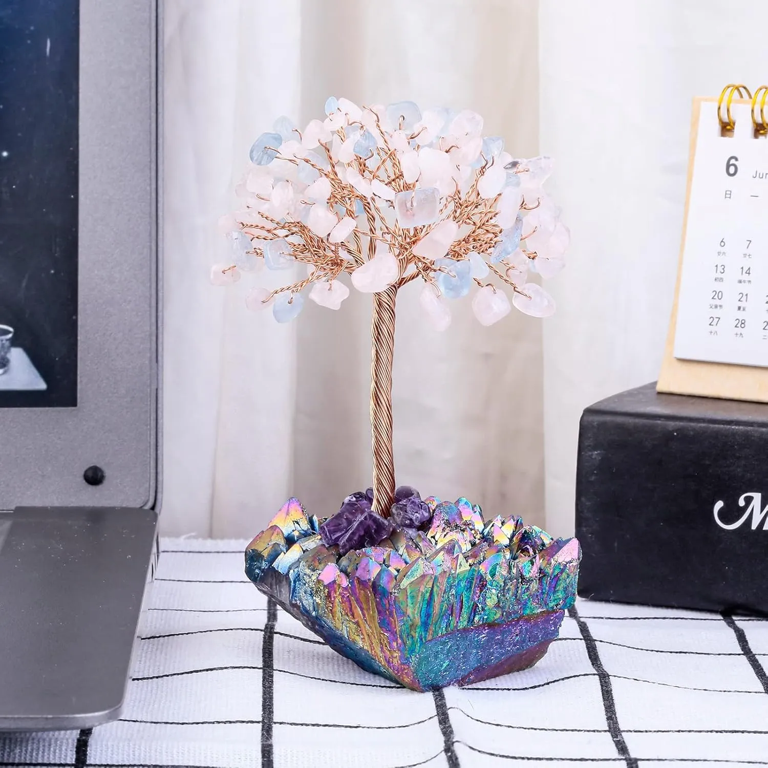 Amogeeli Aquamarine & Rose Quartz Crystal Tree with Titanium Crystal Cluster Base, Copper Money Tree Bonsai Decor for Home & Office
