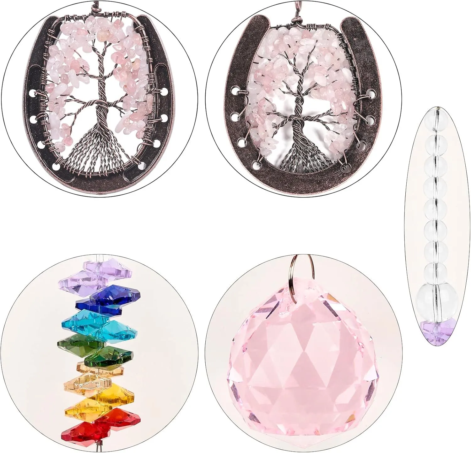 Amogeeli Copper Lucky Horseshoe Rose Quartz Crystal Tree of Life Hanging Ornament with Rainbow Faceted Crystal Ball Prism Sun Catcher Pendant for Home Window Car