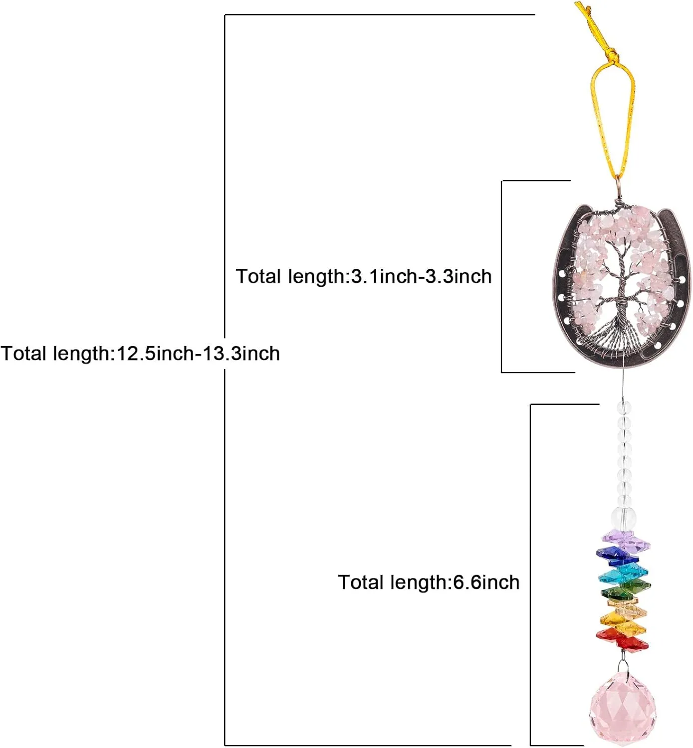 Amogeeli Copper Lucky Horseshoe Rose Quartz Crystal Tree of Life Hanging Ornament with Rainbow Faceted Crystal Ball Prism Sun Catcher Pendant for Home Window Car