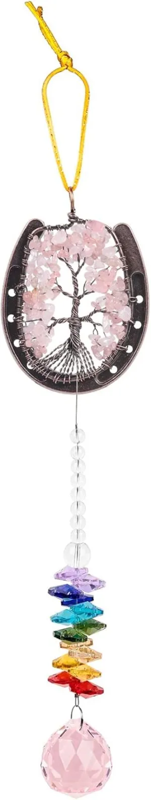 Amogeeli Copper Lucky Horseshoe Rose Quartz Crystal Tree of Life Hanging Ornament with Rainbow Faceted Crystal Ball Prism Sun Catcher Pendant for Home Window Car