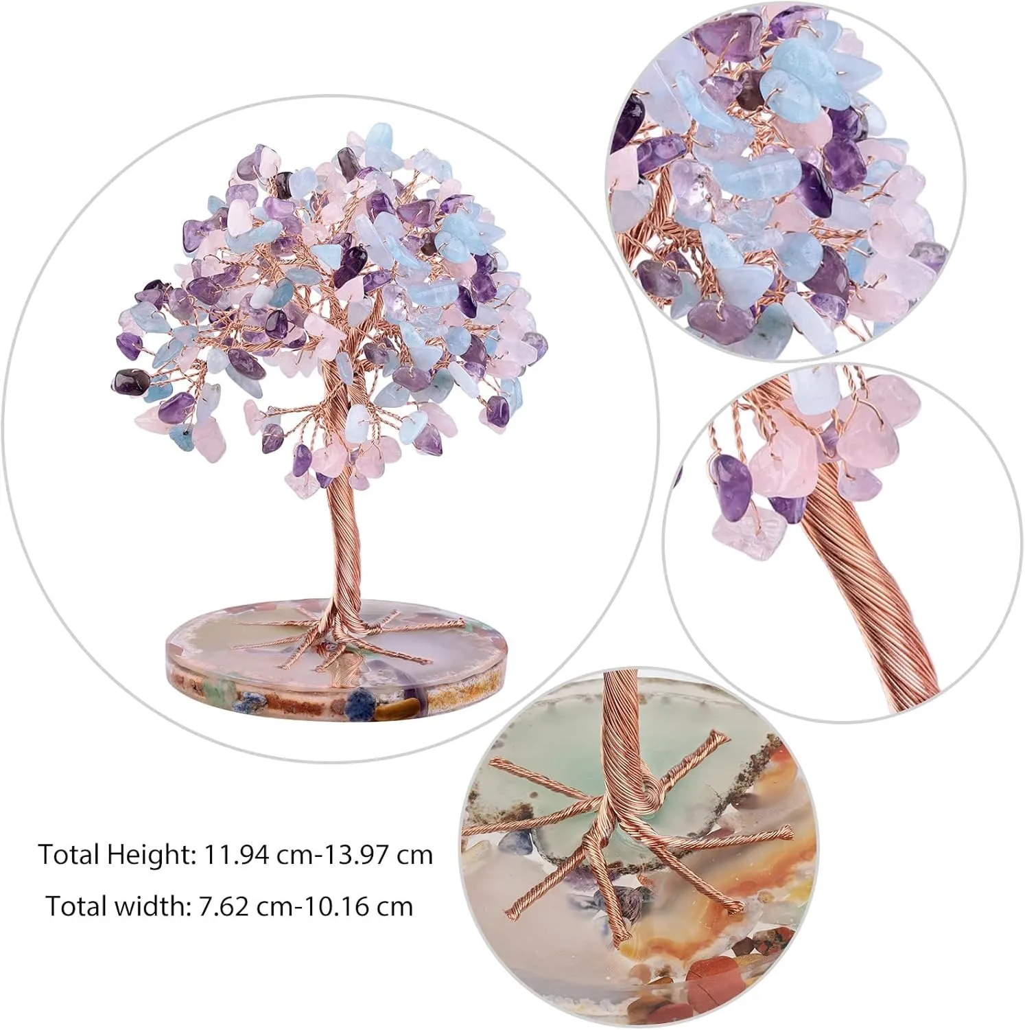 Amogeeli Copper Rose Quartz & Aquamarine & Amethyst Crystal Tree with Orgone Agate Base, Feng Shui Crystal Decor for Luck & Wealth