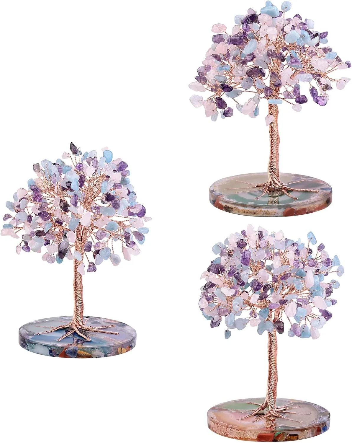 Amogeeli Copper Rose Quartz & Aquamarine & Amethyst Crystal Tree with Orgone Agate Base, Feng Shui Crystal Decor for Luck & Wealth