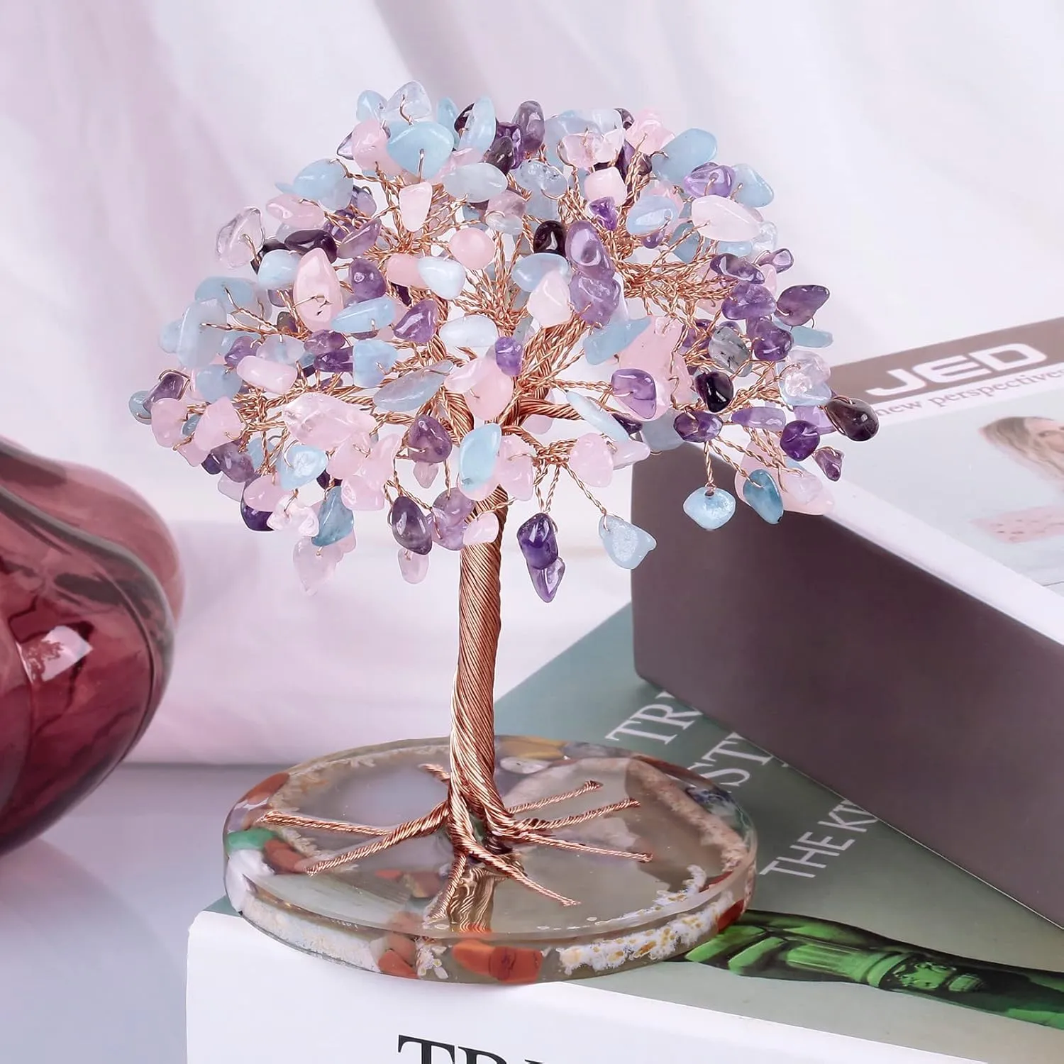 Amogeeli Copper Rose Quartz & Aquamarine & Amethyst Crystal Tree with Orgone Agate Base, Feng Shui Crystal Decor for Luck & Wealth