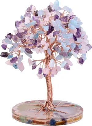 Amogeeli Copper Rose Quartz & Aquamarine & Amethyst Crystal Tree with Orgone Agate Base, Feng Shui Crystal Decor for Luck & Wealth