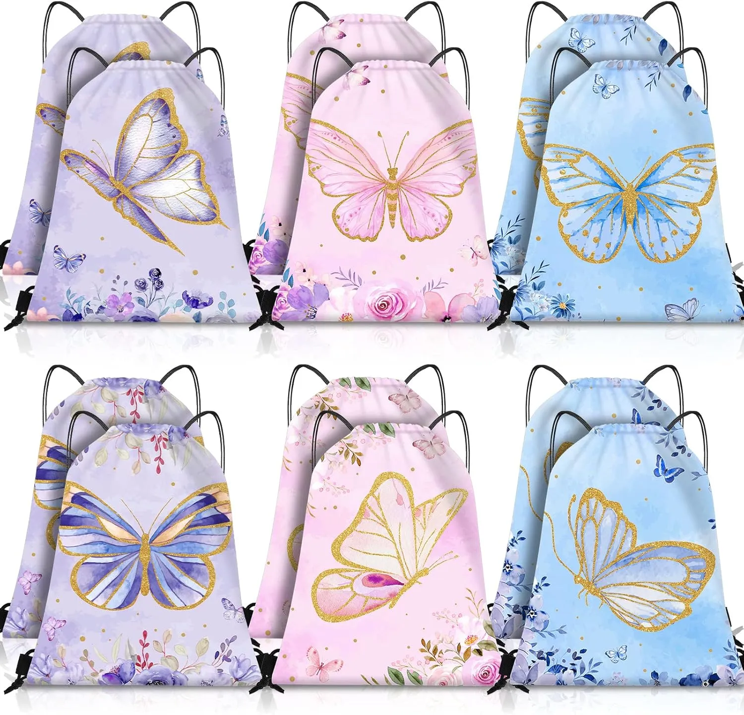 Amylove 24 Pcs Drawstring Bags - Butterfly Party Favor Candy Goodie Bags for Kids Girls Spring