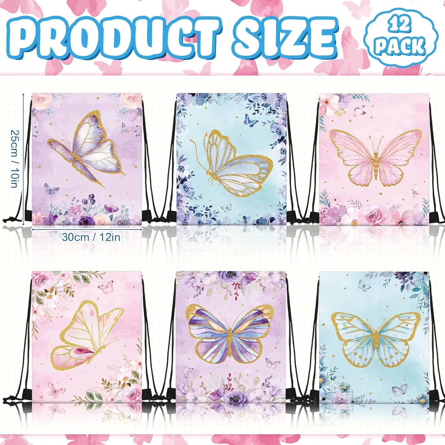 Amylove 24 Pcs Drawstring Bags - Butterfly Party Favor Candy Goodie Bags for Kids Girls Spring