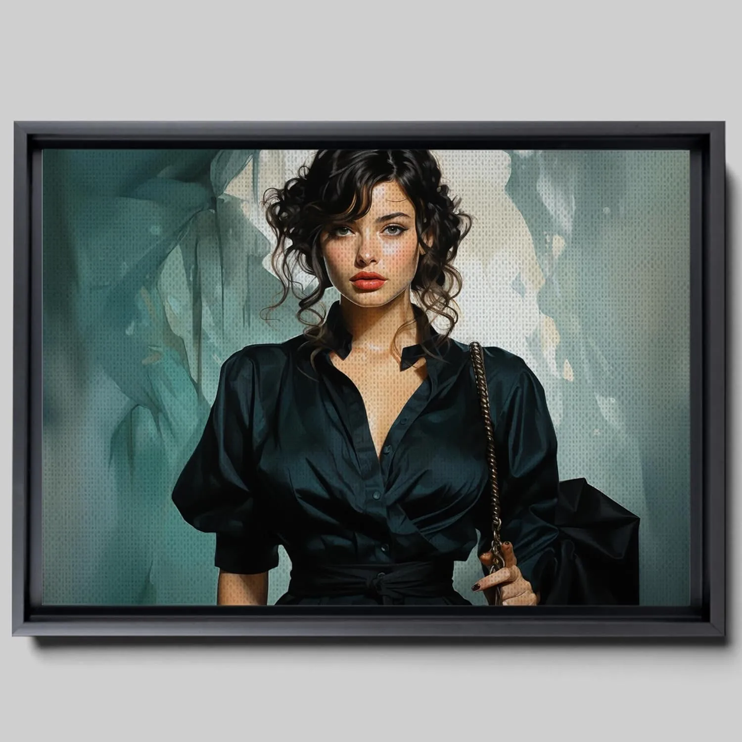 An Illustration of a Stylish Woman in Black with a Chic Handbag, Decor Canvas, Wall Decor