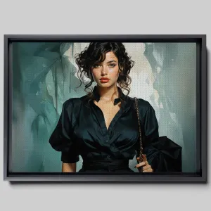 An Illustration of a Stylish Woman in Black with a Chic Handbag, Decor Canvas, Wall Decor
