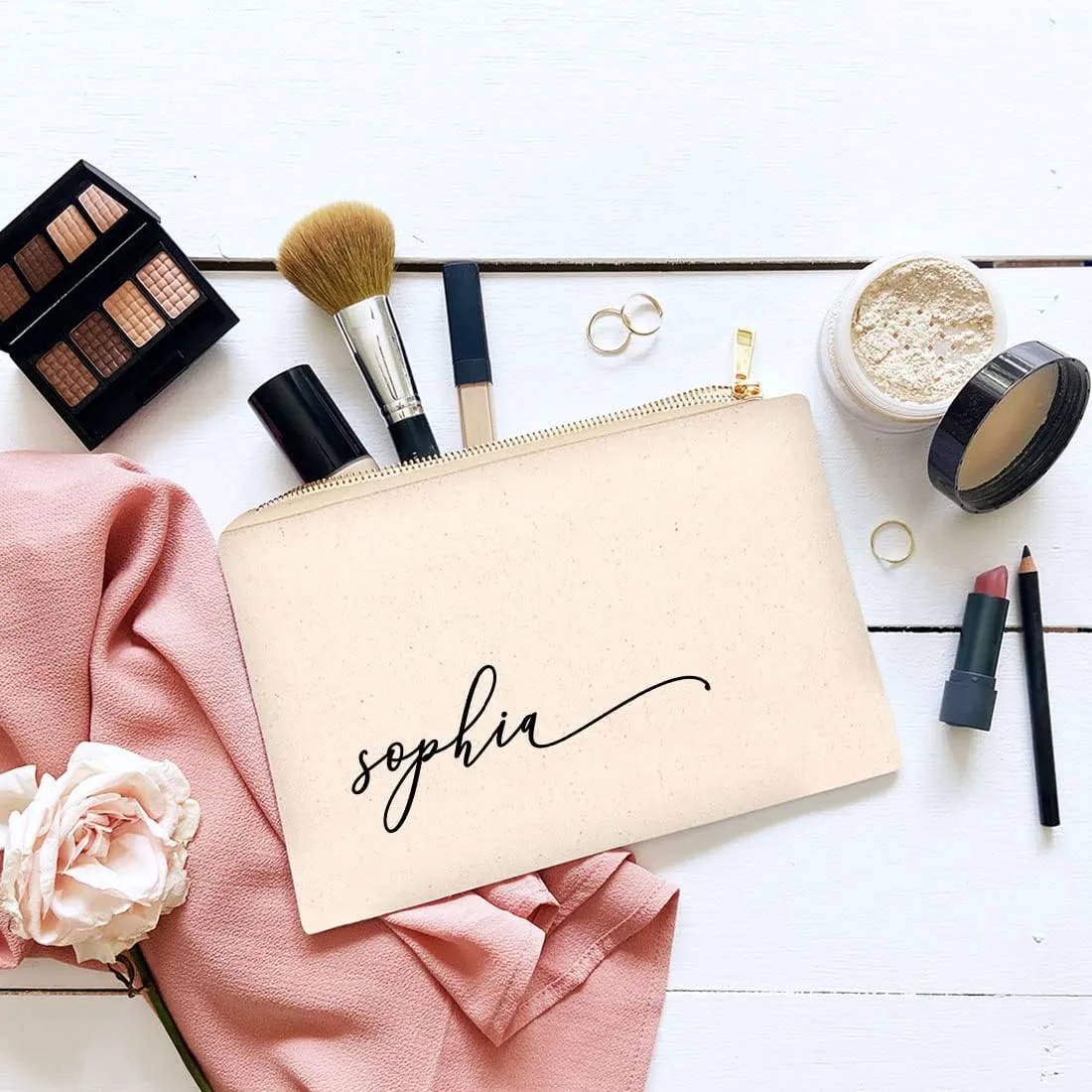 Andaz Press Personalized Makeup Bags for Women Bridesmaid Proposal Gifts Canvas Cosmetic Bag with Zipper Minimal Custom Name Makeup Pouch For Bridesmaids Girls Weekend Gifts for Women 6.5 x 9 Inch