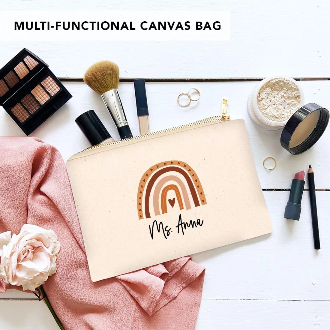 Andaz Press Personalized Teacher Appreciation Cosmetic Bags, Boho Rainbow, Canvas Makeup Bag Teacher Zipper Pouch Custom Name Teacher Pouch Bag Teacher Appreciation Gifts, 9x 6.5 1-Pack