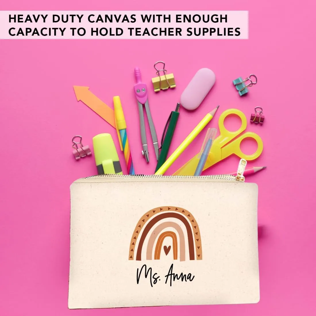 Andaz Press Personalized Teacher Appreciation Cosmetic Bags, Boho Rainbow, Canvas Makeup Bag Teacher Zipper Pouch Custom Name Teacher Pouch Bag Teacher Appreciation Gifts, 9x 6.5 1-Pack