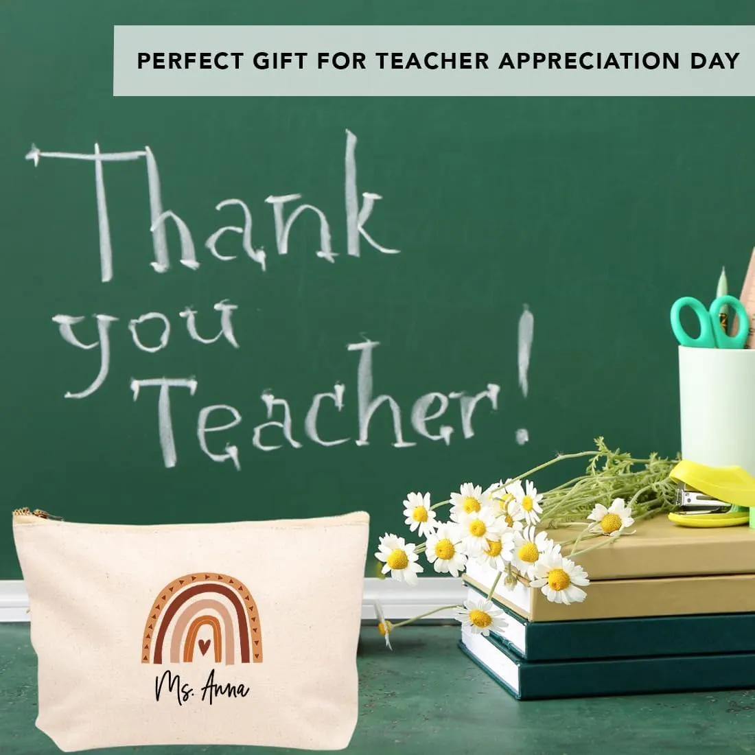 Andaz Press Personalized Teacher Appreciation Cosmetic Bags, Boho Rainbow, Canvas Makeup Bag Teacher Zipper Pouch Custom Name Teacher Pouch Bag Teacher Appreciation Gifts, 9x 6.5 1-Pack