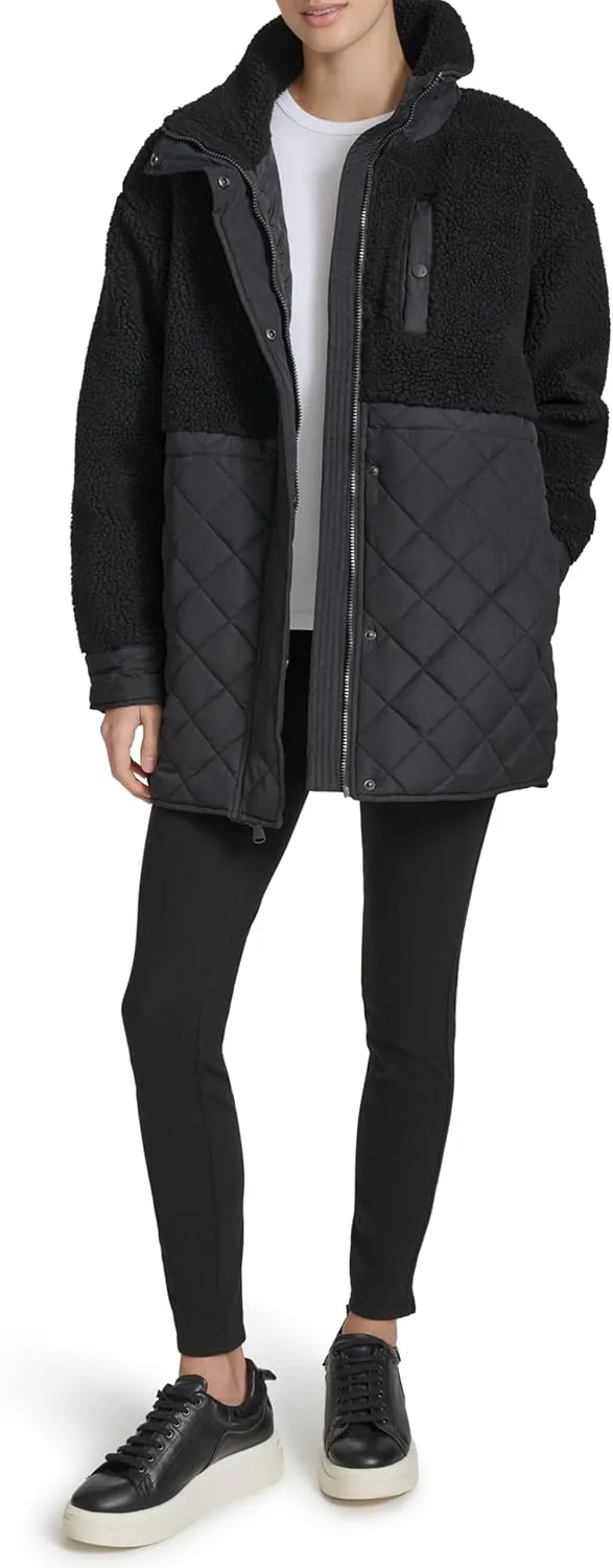 Andrew Marc Women's Mixed Media Tunic Length Faux Sherpa Jacket