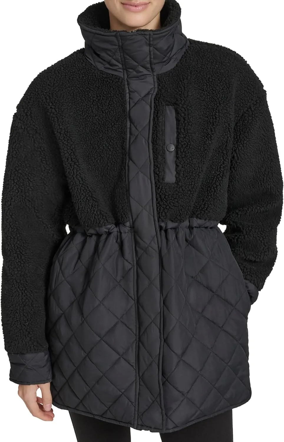 Andrew Marc Women's Mixed Media Tunic Length Faux Sherpa Jacket