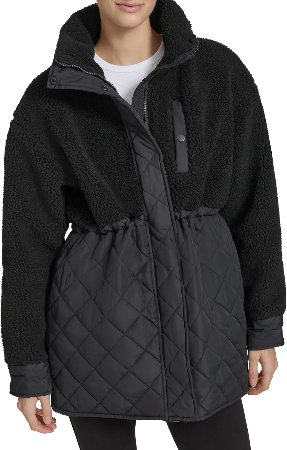 Andrew Marc Women's Mixed Media Tunic Length Faux Sherpa Jacket