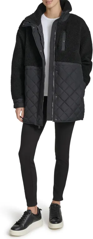 Andrew Marc Women's Mixed Media Tunic Length Faux Sherpa Jacket