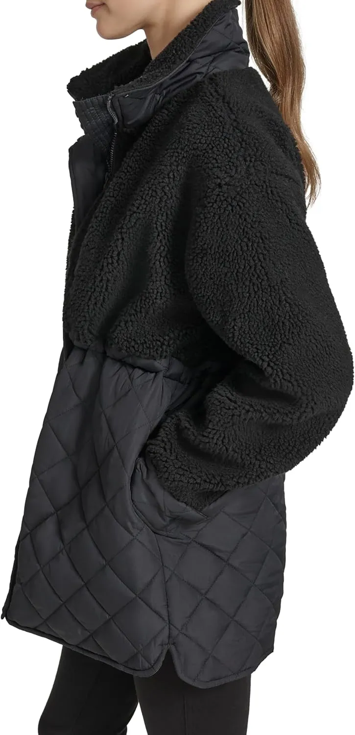 Andrew Marc Women's Mixed Media Tunic Length Faux Sherpa Jacket
