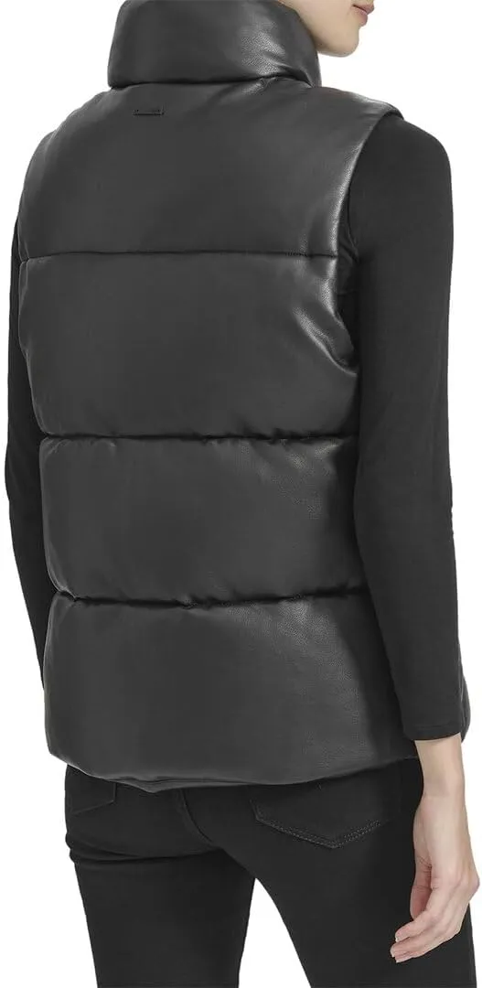 Andrew Marc Women's Puffer Faux Leather Zip Front Vest