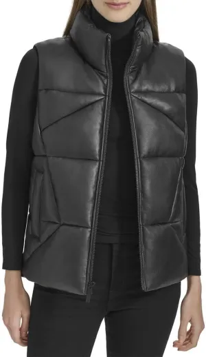 Andrew Marc Women's Puffer Faux Leather Zip Front Vest