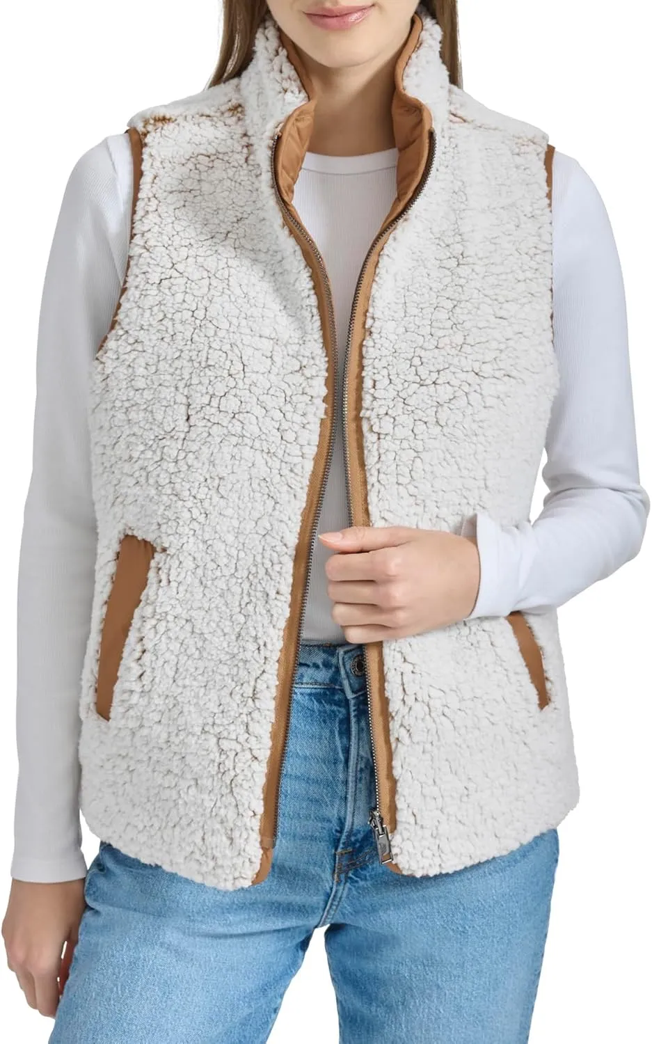 Andrew Marc Women's Zip Front Quilted Faux Sherpa Vest