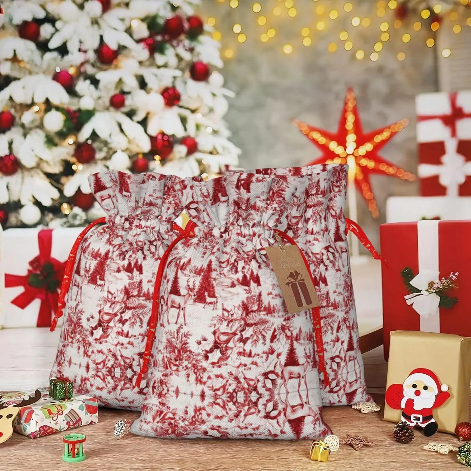 Animal Wilderness Bear Deer Christmas Gift Bag - Holiday Drawstring Party Favor Burlap Bags - Ideal for Present Carry-on, and Storage