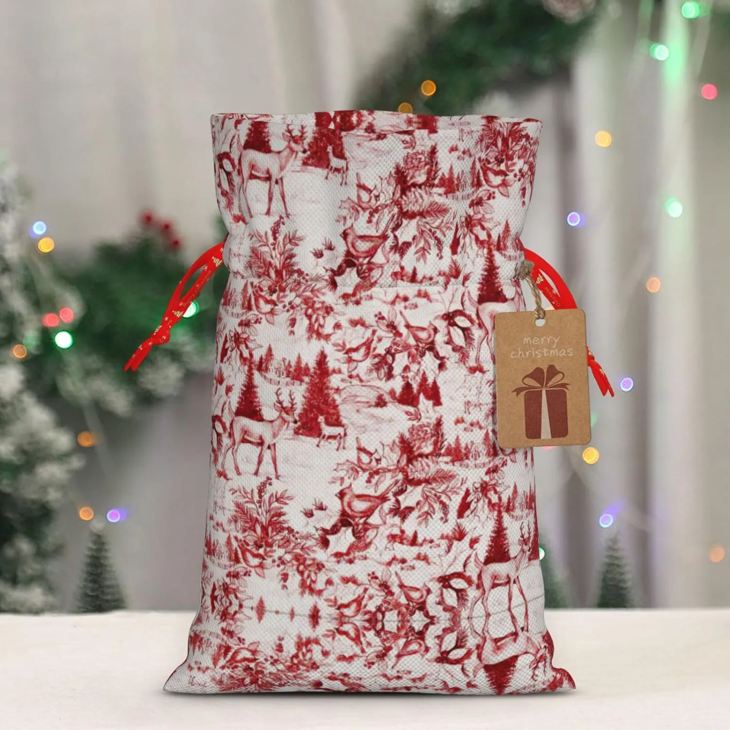 Animal Wilderness Bear Deer Christmas Gift Bag - Holiday Drawstring Party Favor Burlap Bags - Ideal for Present Carry-on, and Storage