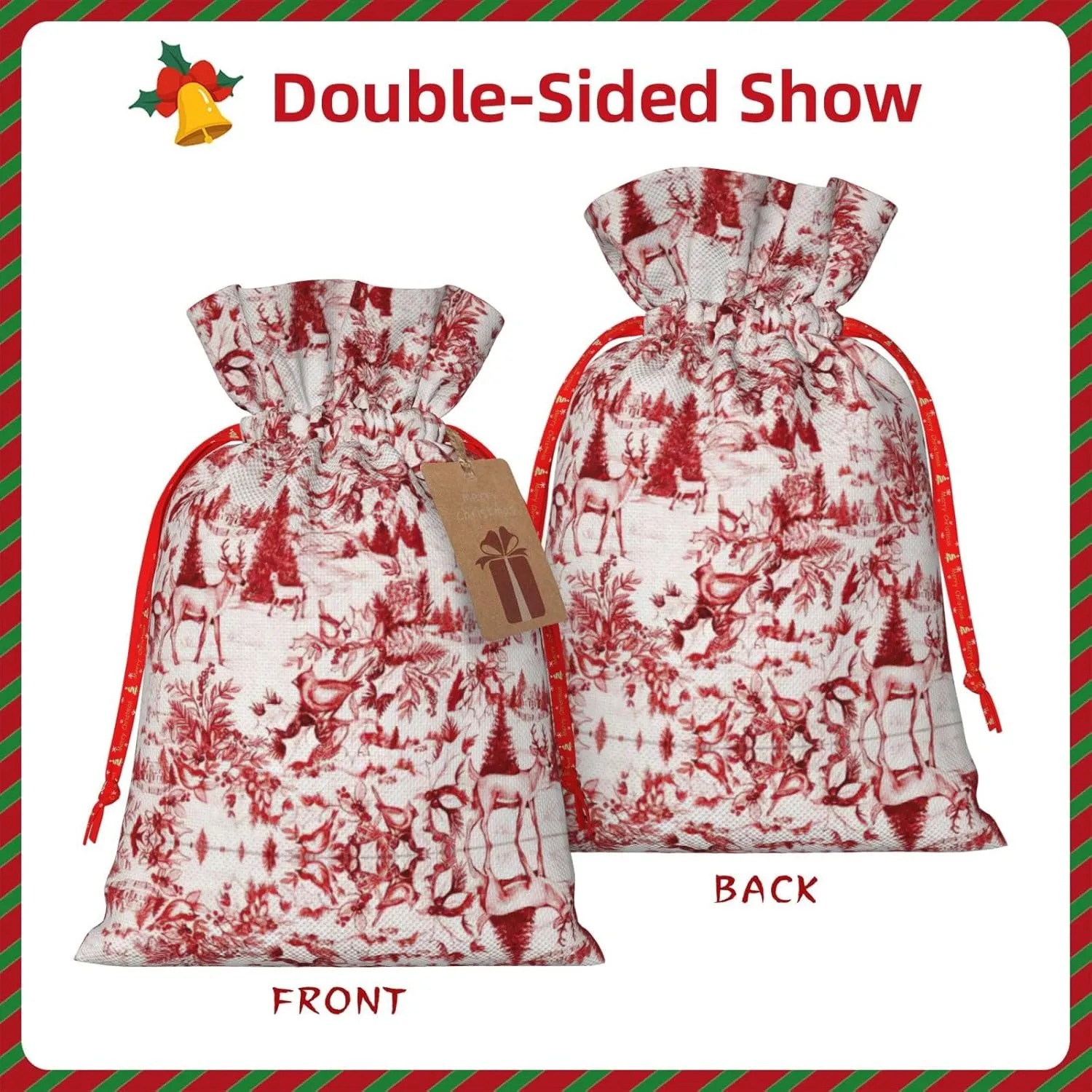 Animal Wilderness Bear Deer Christmas Gift Bag - Holiday Drawstring Party Favor Burlap Bags - Ideal for Present Carry-on, and Storage
