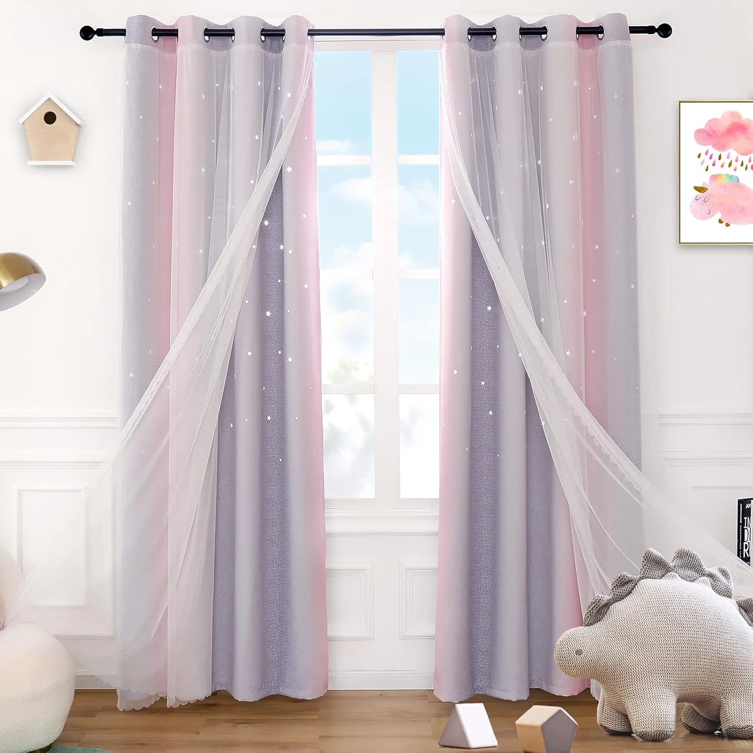 Anjee Pink Curtains for Girls Double Layer 2 in 1 Star Cutout Design Light Blocking Grommets Top Ombre Drape with Voile Sheer for Kids Bedroom Living Room 2 Panels in 52 x 63 inch, Pink and Grey