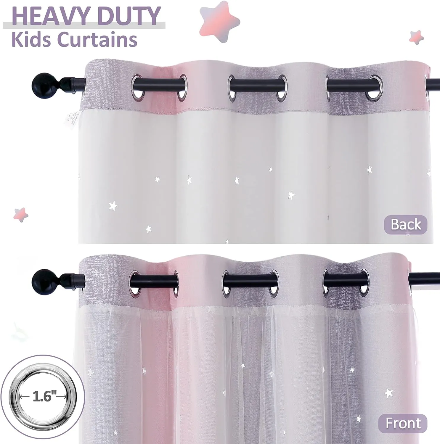 Anjee Pink Curtains for Girls Double Layer 2 in 1 Star Cutout Design Light Blocking Grommets Top Ombre Drape with Voile Sheer for Kids Bedroom Living Room 2 Panels in 52 x 63 inch, Pink and Grey