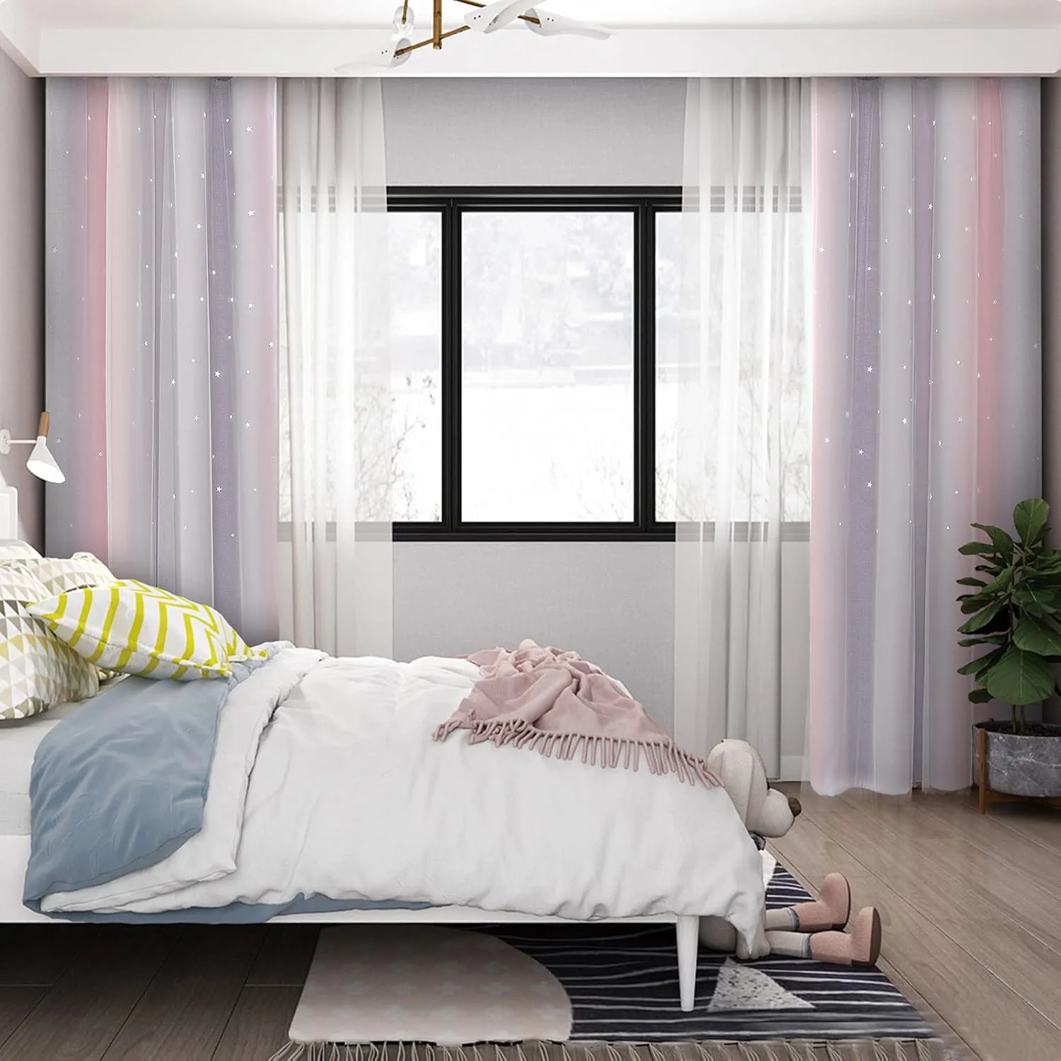 Anjee Pink Curtains for Girls Double Layer 2 in 1 Star Cutout Design Light Blocking Grommets Top Ombre Drape with Voile Sheer for Kids Bedroom Living Room 2 Panels in 52 x 63 inch, Pink and Grey