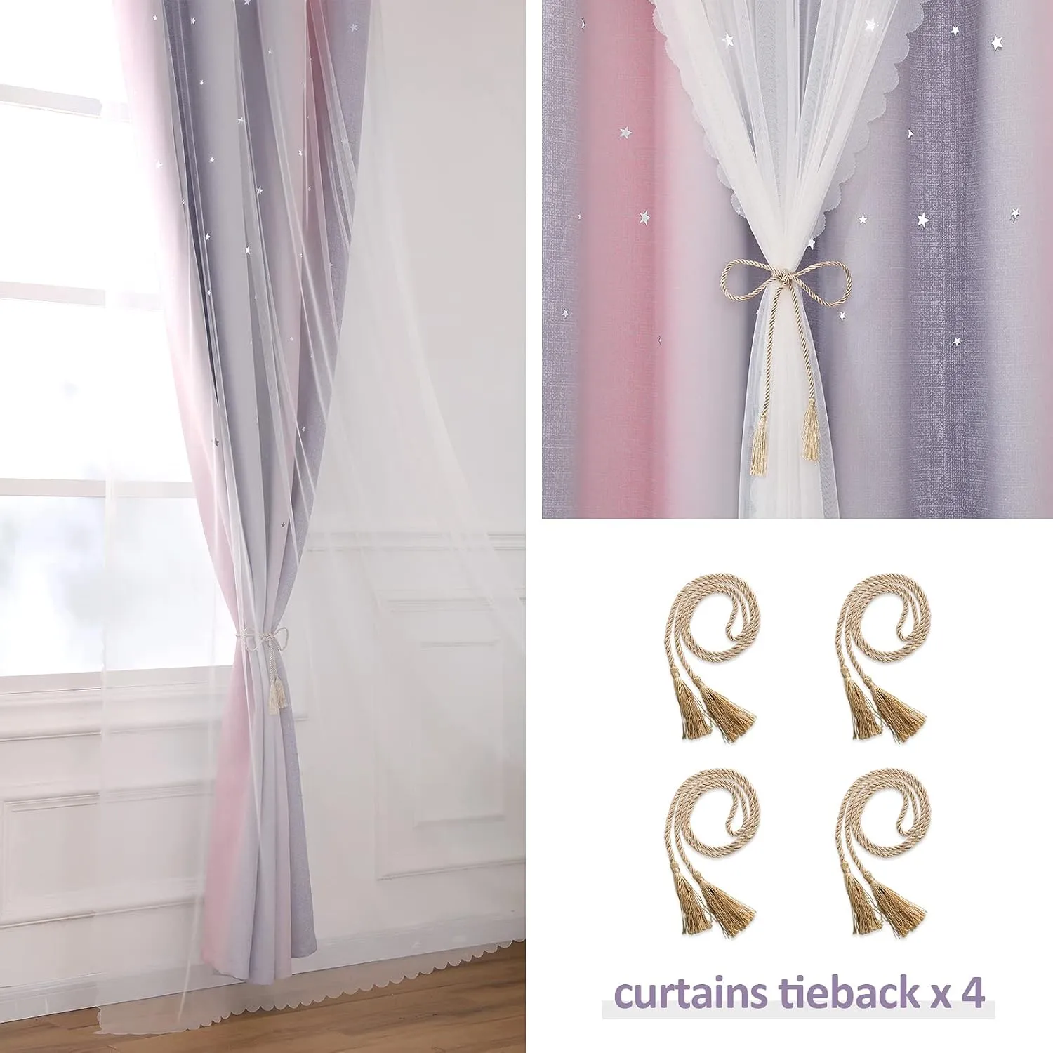 Anjee Pink Curtains for Girls Double Layer 2 in 1 Star Cutout Design Light Blocking Grommets Top Ombre Drape with Voile Sheer for Kids Bedroom Living Room 2 Panels in 52 x 63 inch, Pink and Grey