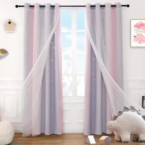 Anjee Pink Curtains for Girls Double Layer 2 in 1 Star Cutout Design Light Blocking Grommets Top Ombre Drape with Voile Sheer for Kids Bedroom Living Room 2 Panels in 52 x 63 inch, Pink and Grey