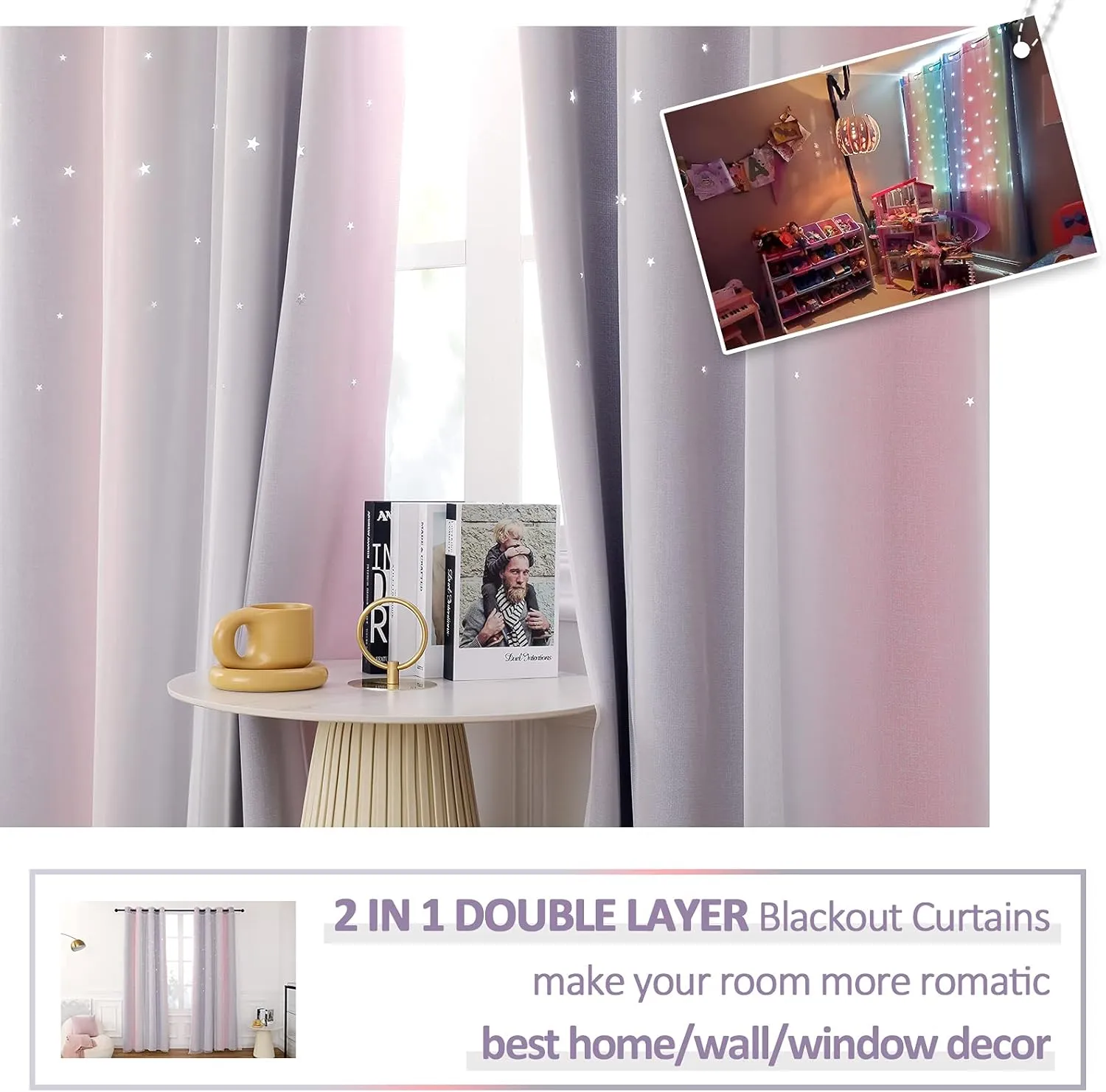 Anjee Pink Curtains for Girls Double Layer 2 in 1 Star Cutout Design Light Blocking Grommets Top Ombre Drape with Voile Sheer for Kids Bedroom Living Room 2 Panels in 52 x 63 inch, Pink and Grey