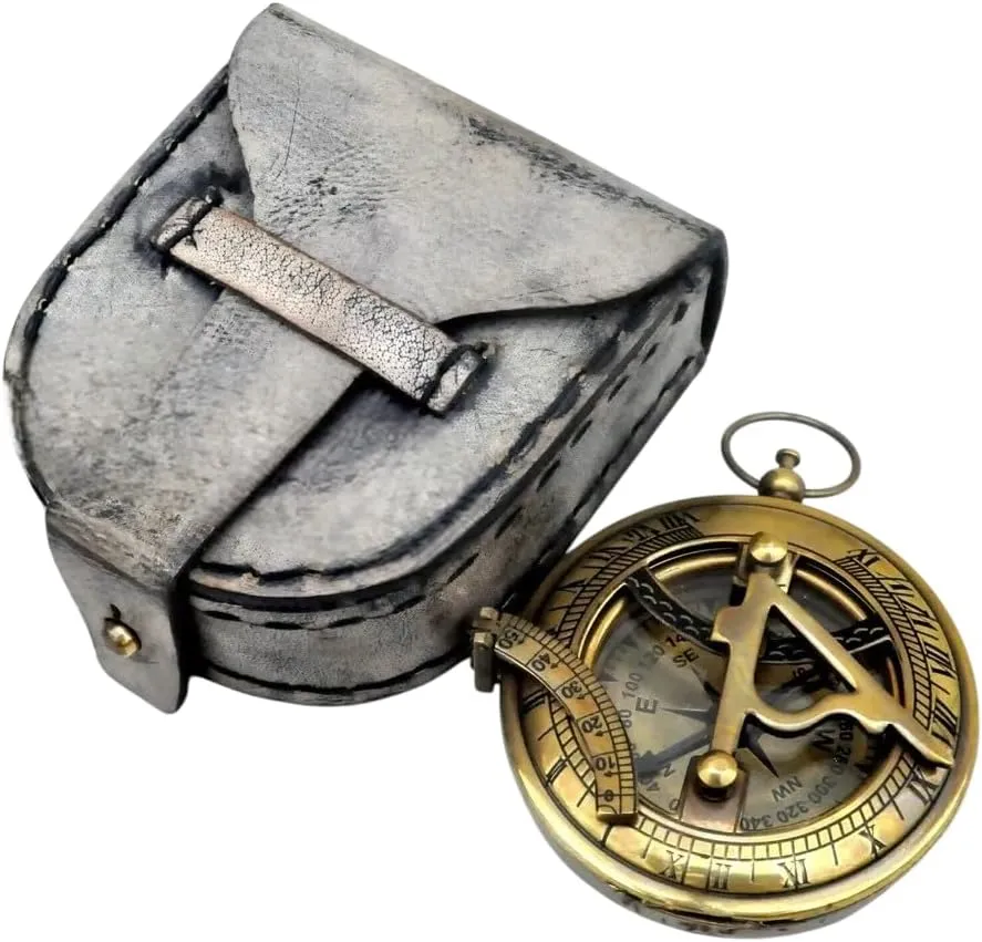 Antique 3 Inch Brass Nautical Sundial Compass with Leather Case Collectibles Gift