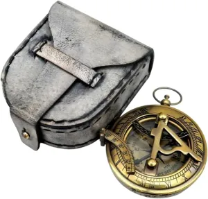Antique 3 Inch Brass Nautical Sundial Compass with Leather Case Collectibles Gift