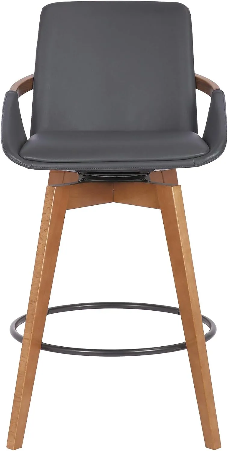 Armen Living Baylor Mid Century Modern Swivel Bar Stool for Kitchen Island Counter in Gray Faux Leather and Walnut Wood, 26" Seat Height