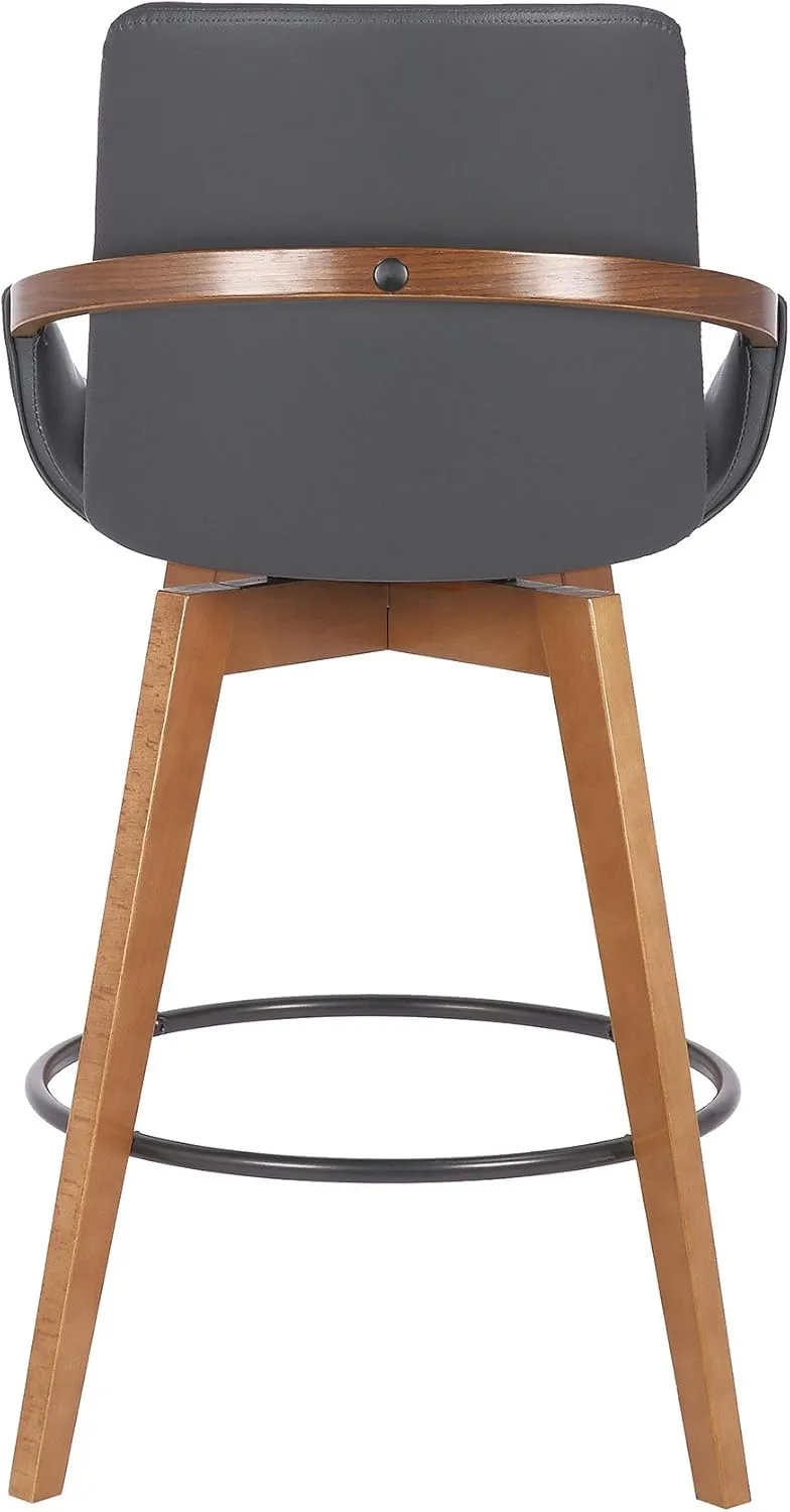 Armen Living Baylor Mid Century Modern Swivel Bar Stool for Kitchen Island Counter in Gray Faux Leather and Walnut Wood, 26" Seat Height