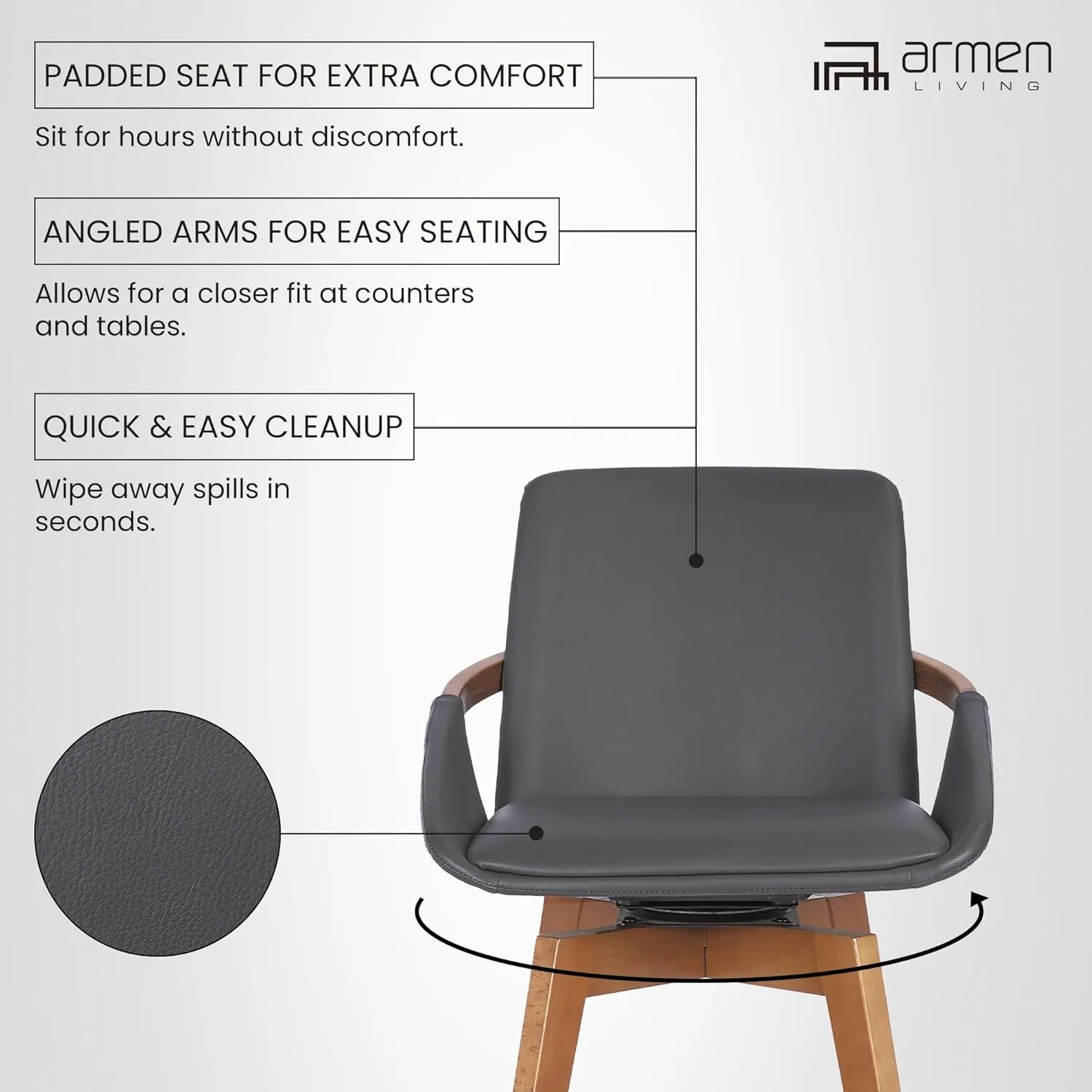 Armen Living Baylor Mid Century Modern Swivel Bar Stool for Kitchen Island Counter in Gray Faux Leather and Walnut Wood, 26" Seat Height