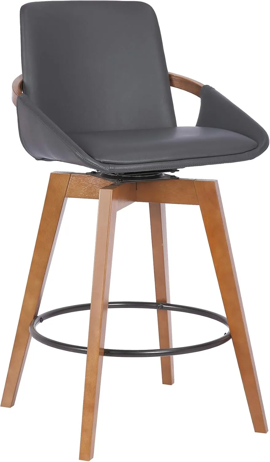 Armen Living Baylor Mid Century Modern Swivel Bar Stool for Kitchen Island Counter in Gray Faux Leather and Walnut Wood, 26" Seat Height