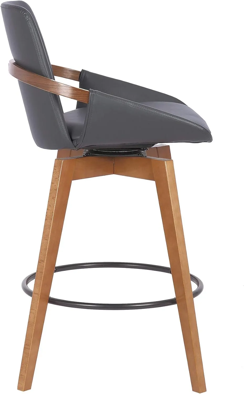 Armen Living Baylor Mid Century Modern Swivel Bar Stool for Kitchen Island Counter in Gray Faux Leather and Walnut Wood, 26" Seat Height