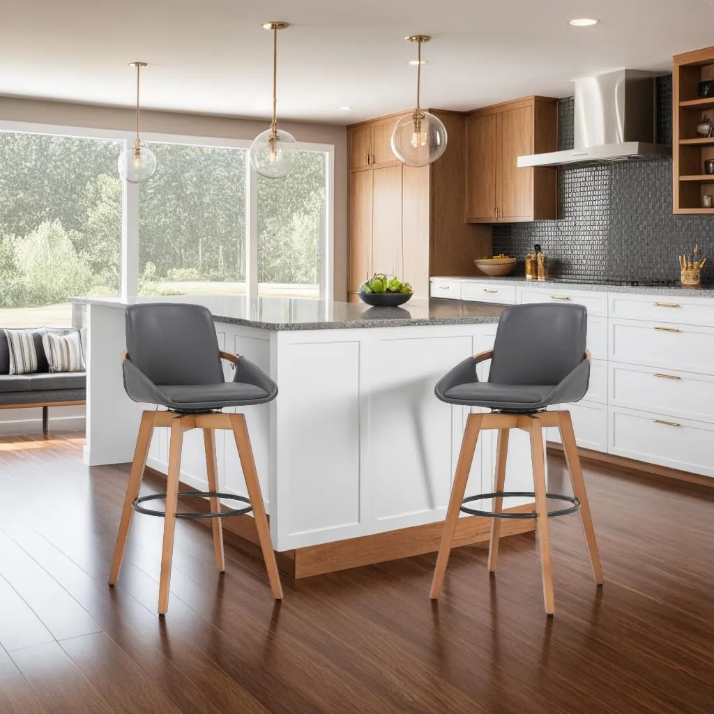 Armen Living Baylor Mid Century Modern Swivel Bar Stool for Kitchen Island Counter in Gray Faux Leather and Walnut Wood, 26" Seat Height